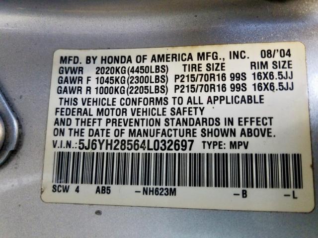 5J6YH28564L032697 - 2004 HONDA ELEMENT EX  photo 10