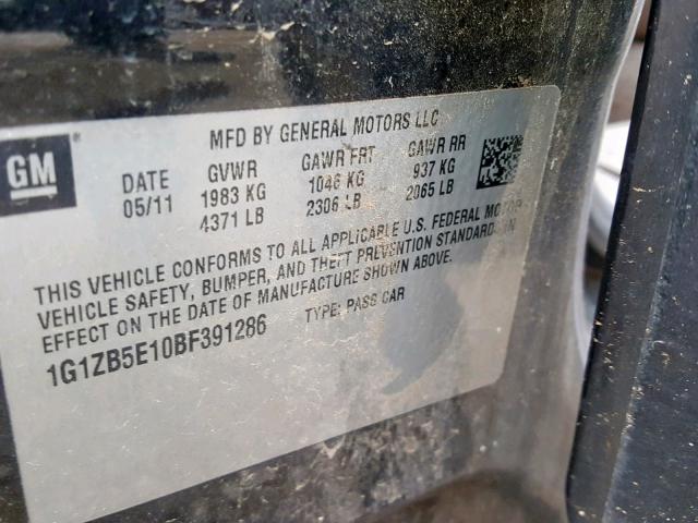 1G1ZB5E10BF391286 - 2011 CHEVROLET MALIBU LS BLACK photo 10