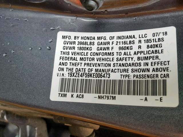 19XZE4F59KE006473 - 2019 HONDA INSIGHT EX GRAY photo 10