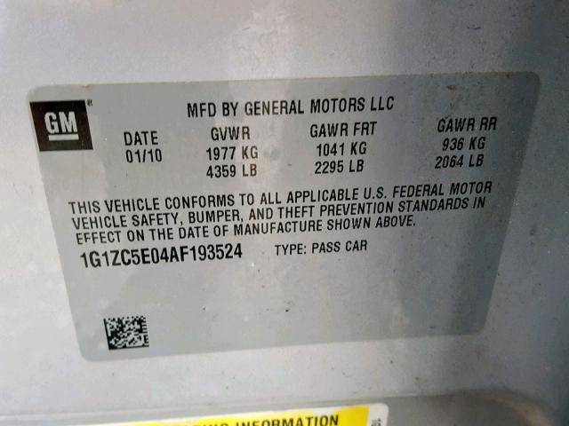 1G1ZC5E04AF193524 - 2010 CHEVROLET MALIBU 1LT 银色 照片 10