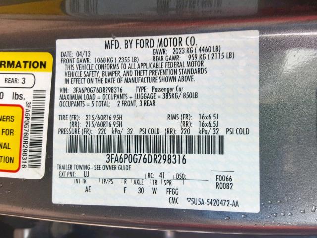 3FA6P0G76DR298316 - 2013 FORD FUSION S CHARCOAL photo 10