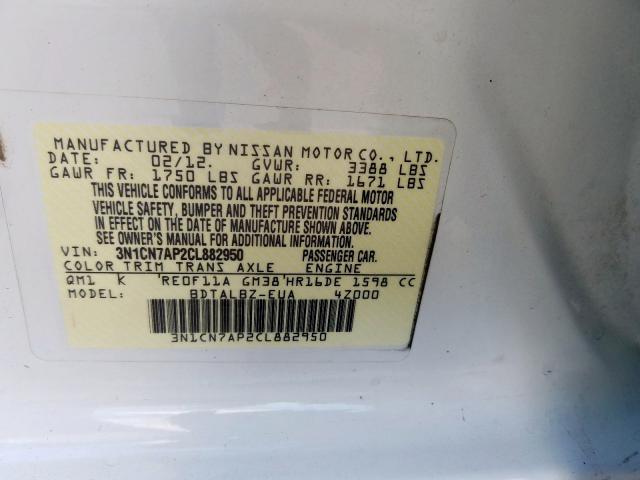 3N1CN7AP2CL882950 - 2012 NISSAN VERSA S  photo 10