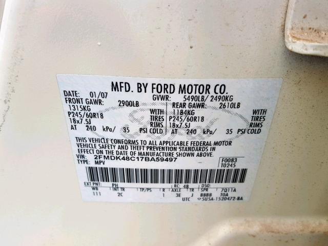 2FMDK48C17BA59497 - 2007 FORD EDGE SEL WHITE photo 10