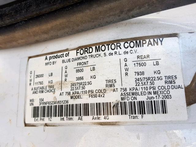 3FRNF65234V651236 - 2004 FORD F650 SUPER WHITE photo 10