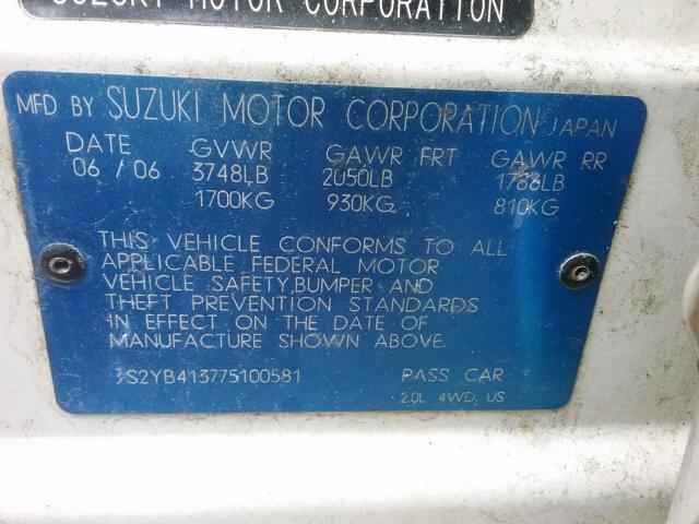 JS2YB413775100581 - 2007 SUZUKI SX4 WHITE photo 10