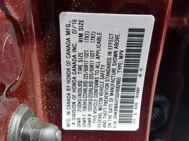 2HKRM4H73GH682860 - 2016 HONDA CR-V EXL BURGUNDY photo 10