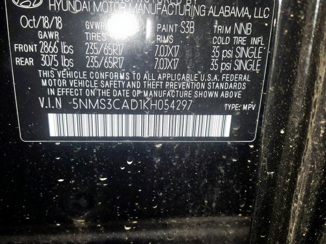 5NMS3CAD1KH054297 - 2019 HYUNDAI SANTA FE S BLACK photo 10