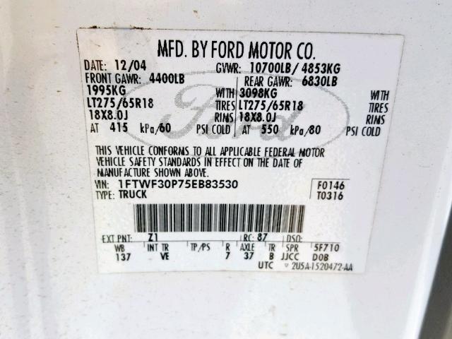 1FTWF30P75EB83530 - 2005 FORD F350 SRW S WHITE photo 10