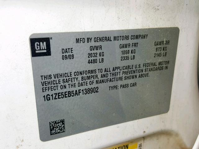 1G1ZE5EB5AF138902 - 2010 CHEVROLET MALIBU LTZ თეთრი ფოტო 10