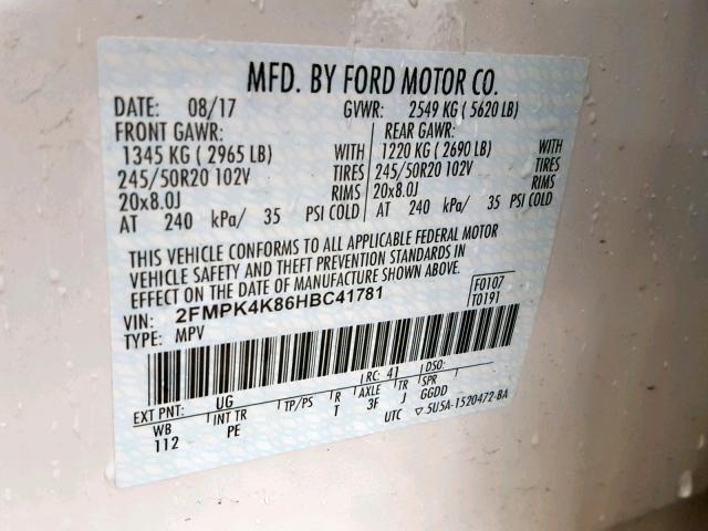 2FMPK4K86HBC41781 - 2017 FORD EDGE TITAN WHITE photo 10