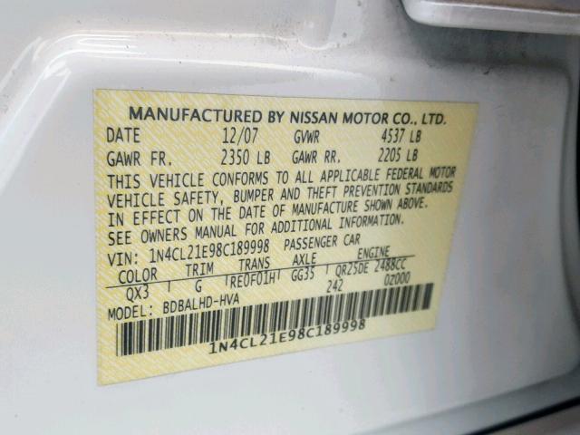 1N4CL21E98C189998 - 2008 NISSAN ALTIMA HYB WHITE photo 10