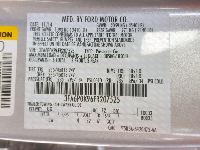 3FA6P0K96FR207525 - 2015 FORD FUSION TIT SILVER photo 10