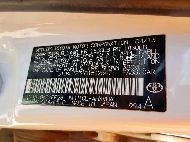 JTDKDTB36D1542547 - 2013 TOYOTA PRIUS C WHITE photo 10