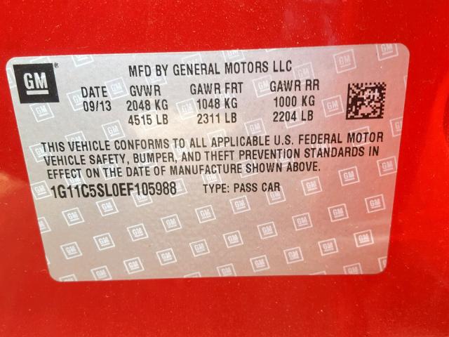 1G11C5SL0EF105988 - 2014 CHEVROLET MALIBU 1LT 红色 照片 10