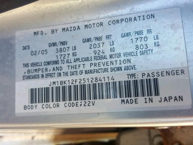 JM1BK12F251284114 - 2005 MAZDA 3 I SILVER photo 10