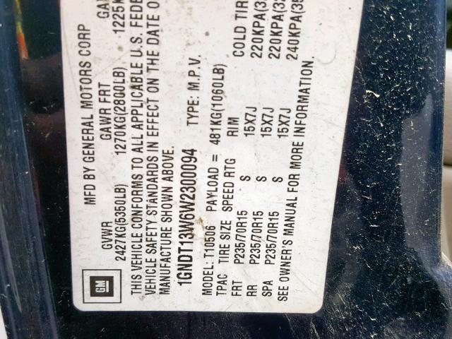 1GNDT13W6W2300094 - 1998 CHEVROLET BLAZER BLUE photo 10