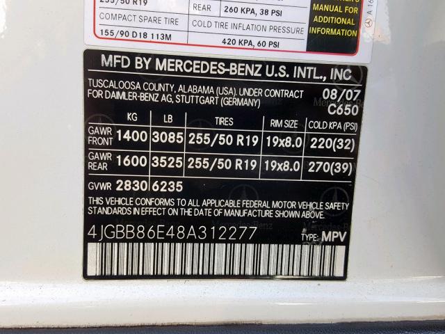 4JGBB86E48A312277 - 2008 MERCEDES-BENZ ML 350 WHITE photo 10