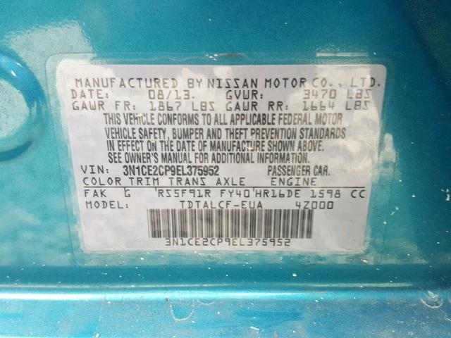 3N1CE2CP9EL375952 - 2014 NISSAN VERSA NOTE TEAL photo 10