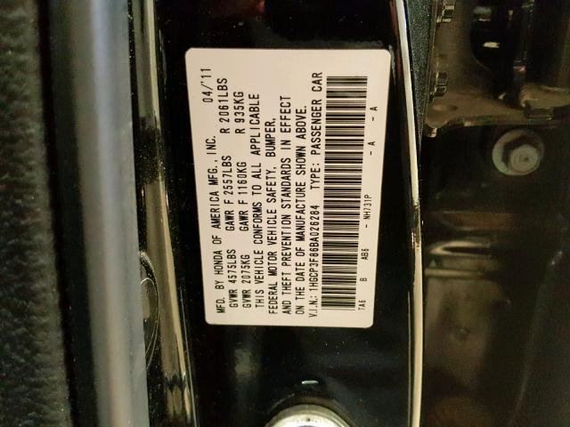 1HGCP3F86BA026284 - 2011 HONDA ACCORD EXL BLACK photo 10