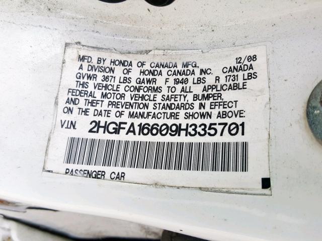 2HGFA16609H335701 - 2009 HONDA CIVIC LX-S 白色 照片 10