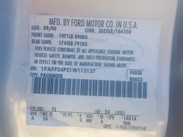 1FAFP34P51W113137 - 2001 FORD FOCUS SE SILVER photo 10