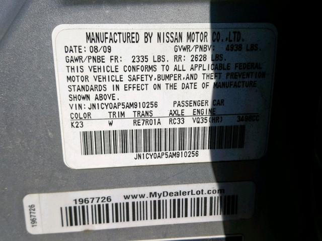 JN1CY0AP5AM910256 - 2010 INFINITI M35 BASE SILVER photo 10