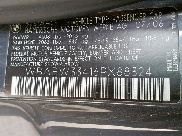 WBABW33416PX88324 - 2006 BMW 325 CI GRAY photo 10