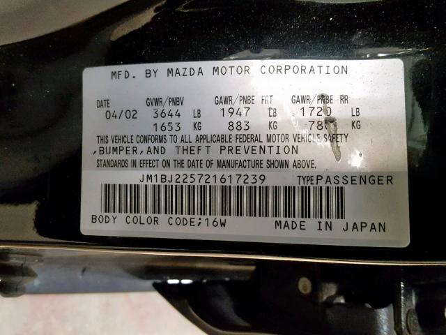 JM1BJ225721617239 - 2002 MAZDA PROTEGE DX BLACK photo 10