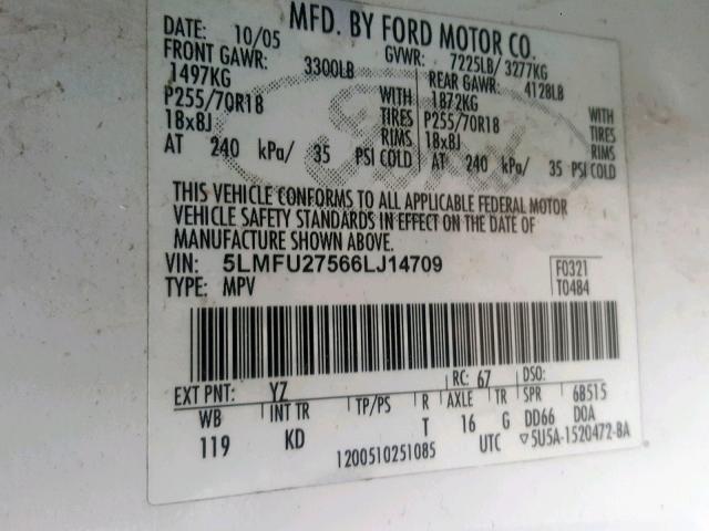 5LMFU27566LJ14709 - 2006 LINCOLN NAVIGATOR 白色 照片 10