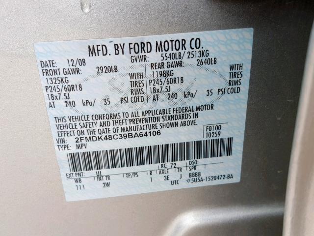 2FMDK48C39BA64106 - 2009 FORD EDGE SEL SILVER photo 10