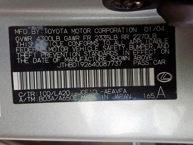 JTHBD192640087737 - 2004 LEXUS IS 300 SILVER photo 10