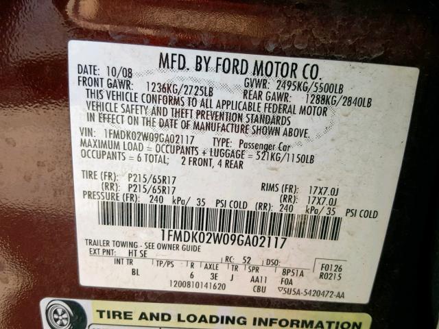 1FMDK02W09GA02117 - 2009 FORD TAURUS X S BURGUNDY photo 10