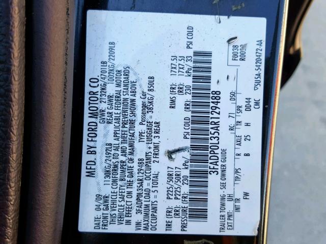 3FADP0L35AR129488 - 2010 FORD FUSION HYB BLACK photo 10