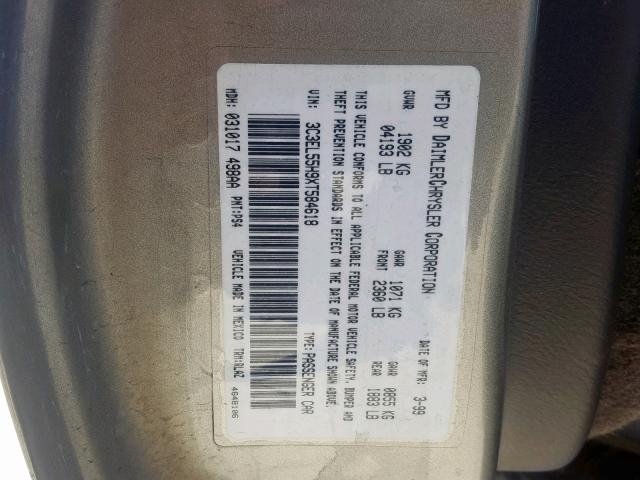 3C3EL55H9XT584618 - 1999 CHRYSLER SEBRING JX SILVER photo 10