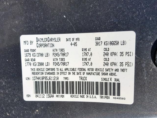 1D7HA18P95J611210 - 2005 DODGE RAM 1500 S GRAY photo 10