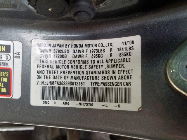 JHMFA36239S012161 - 2009 HONDA CIVIC HYBRID  photo 10