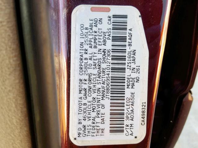 JT8BD69S410127306 - 2001 LEXUS GS 300 MAROON photo 10