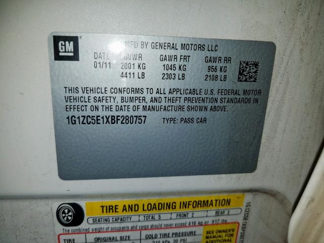 1G1ZC5E1XBF280757 - 2011 CHEVROLET MALIBU 1LT  照片 10