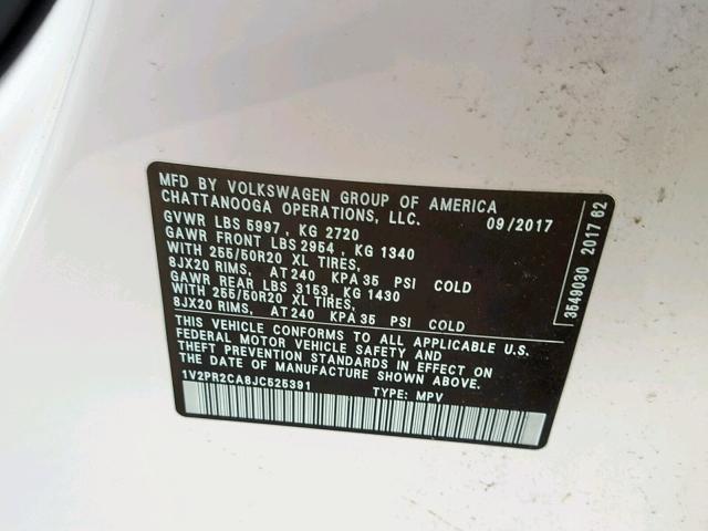 1V2PR2CA8JC525391 - 2018 VOLKSWAGEN ATLAS SE WHITE photo 10