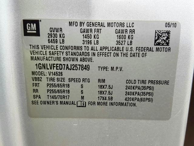 1GNLVFED7AJ257849 - 2010 CHEVROLET TRAVERSE LT  photo 10