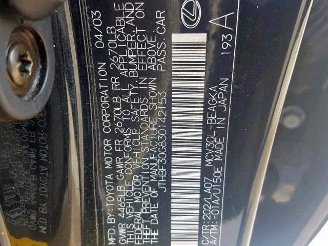 JTHBF30G830142153 - 2003 LEXUS ES 300 BLACK photo 10