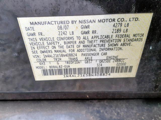 1N4AL21E58N408824 - 2008 NISSAN ALTIMA 2.5 BLACK photo 10