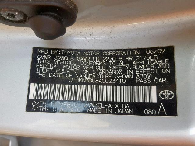 JTDKN3DU8A0023410 - 2010 TOYOTA PRIUS SILVER photo 10