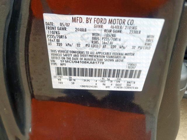 1FMCU94108KA81778 - 2008 FORD ESCAPE LIM CHARCOAL photo 10