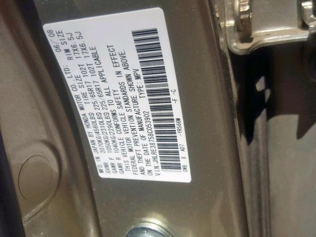 JHLRE38758C053902 - 2008 HONDA CR-V EXL BEIGE photo 10