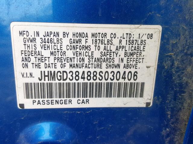 JHMGD38488S030406 - 2008 HONDA FIT BLUE photo 10