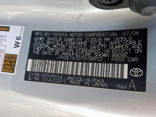 JTKDE167070158922 - 2007 TOYOTA SCION TC ნაცრისფერი ფოტო 10