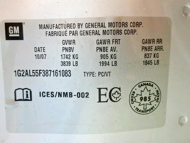 1G2AL55F387161083 - 2008 PONTIAC G5 SE SILVER photo 10