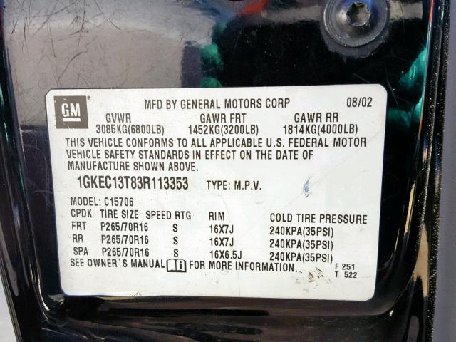 1GKEC13T83R113353 - 2003 GMC YUKON BLACK photo 10