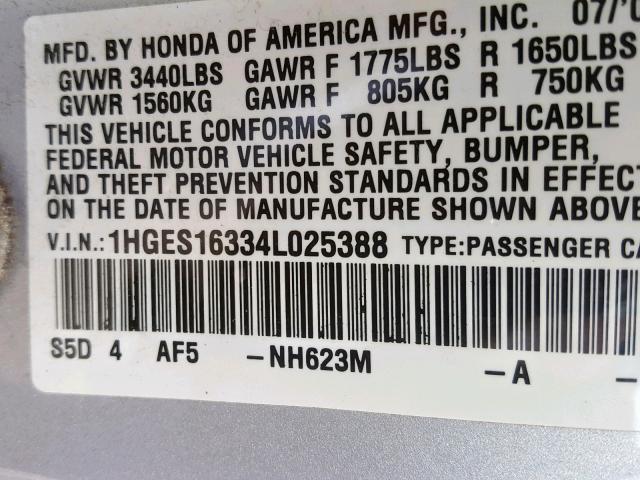 1HGES16334L025388 - 2004 HONDA CIVIC DX V GRAY photo 10